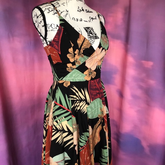 Sundress bohemian dress tropical print floral ruched women’s flowy fashion - Picture 3 of 5